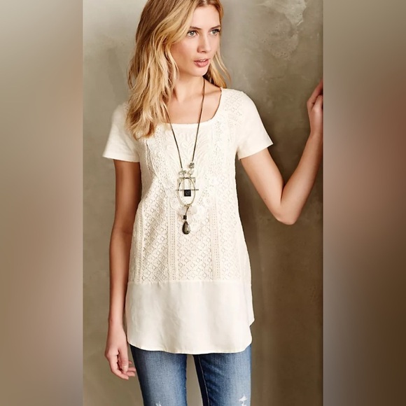 Anthropologie Elegant Cream Lace Women's Tunic Top size large - Picture 1 of 14